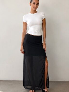 Long Tall Sally Black Sheer Maxi Skirt Size 8 | Side Slit Mesh Overlay Evening
